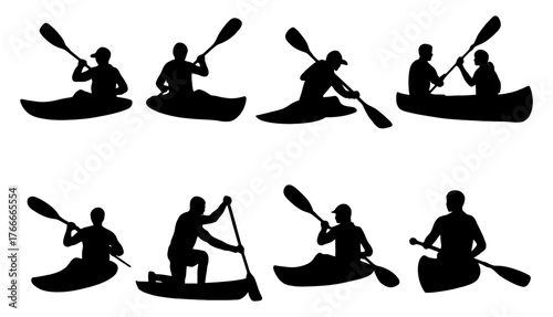 A collection of black and white silhouettes of people paddling canoes. Concept of tranquility and relaxation. Vector. Silhouette illustration.