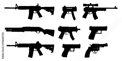A series of guns are shown in black and white. The guns are of different sizes and types, including a rifle. Vector. Silhouette illustration.