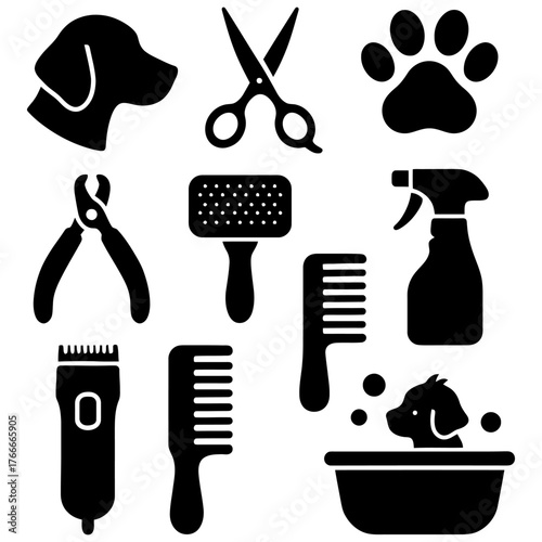 A variety of grooming tools and supplies for dogs, including scissors, combs, brushes, and nail clippers. Vector. Silhouette illustration.
