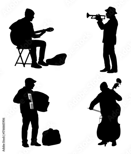 Four silhouettes of musicians playing instruments. The first silhouette is a man playing a guitar. Vector. Silhouette illustration.