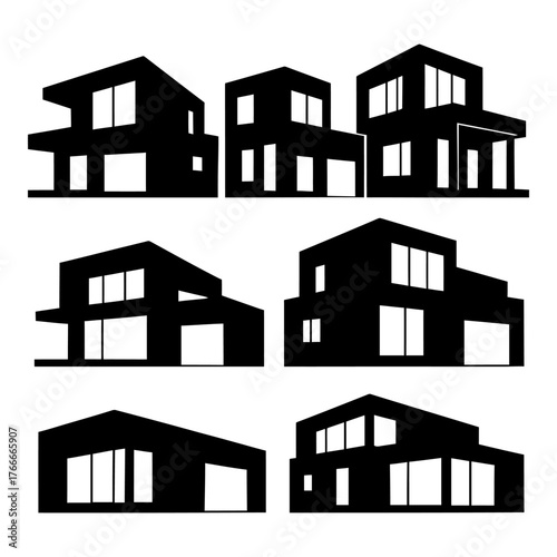 The image is a set of six different silhouettes of houses. Each house has a unique design. The houses are all black. Vector. Silhouette illustration.