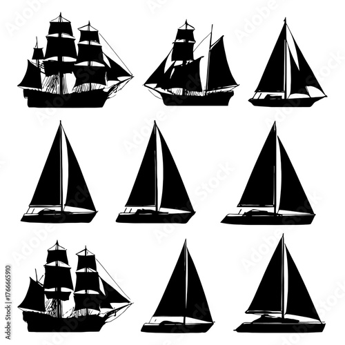 A collection of nine black and white drawings of sailboats. Each boat is unique in its design, with varying sizes. Vector. Silhouette illustration.