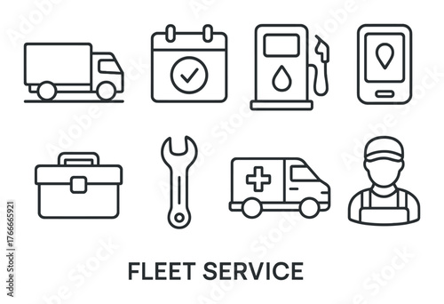 Fleet service icons: toolbox, calendar, fuel pump, gps, maintenance, truck, van, mechanic, wrench