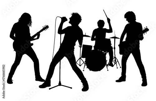 A group of musicians are playing instruments and singing. The image is in black and white. Vector. Silhouette illustration.