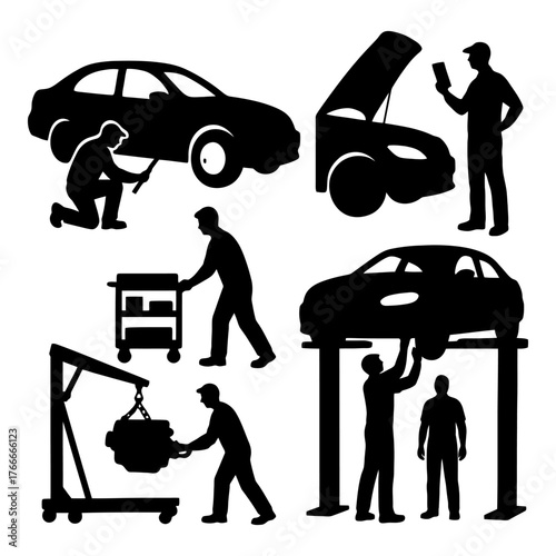 A set of car repairmen in various positions. Scene is serious and focused on the task at hand. Vector. Silhouette illustration.