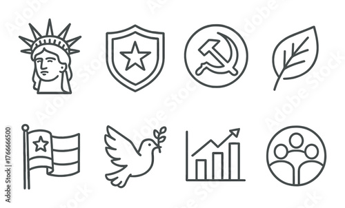 Outline icons featuring liberty, symbols, and growth on textured background