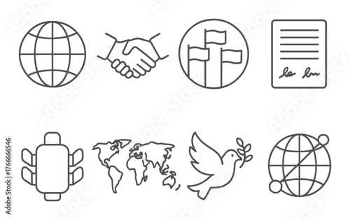 Global diplomacy icons: globe, handshake, flags, document, conference, world map, dove, orbit