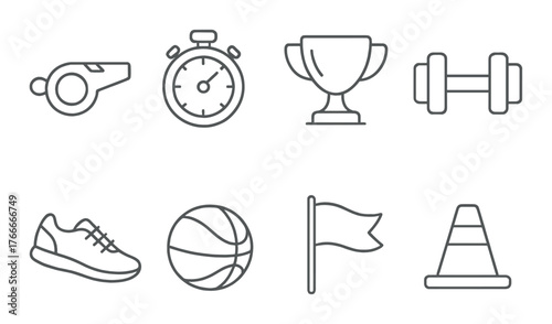 Sports equipment icons: whistle, timer, trophy, dumbbell, shoe, ball, flag, cone