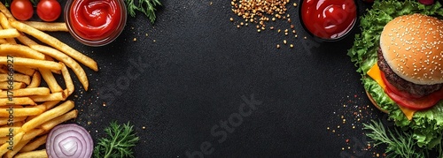 Delicious burger and fries on dark background food photography flat lay top view
