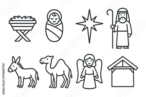 Nativity icons: angel, manger, baby, star, shepherd, camel, donkey, stable