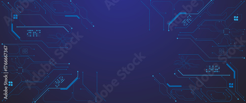 Glowing light blue neon AI chip with thin circuit contact lines. Technology lines circuit and dots on blue background, circuit board network connection.