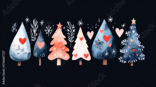 Cute Watercolor Christmas Trees Decorated With Hearts Stars And Snowflakes On Dark Background