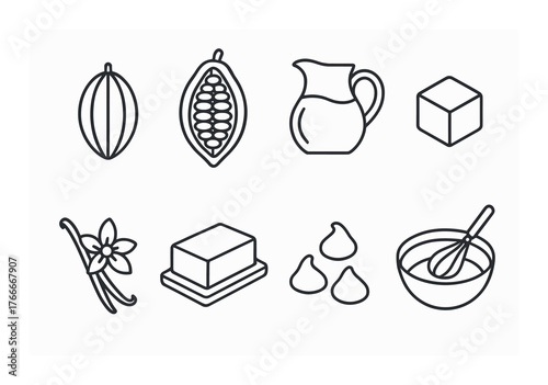 Line art icons of baking ingredients: vanilla, cocoa, milk, sugar, butter, chocolate chips, mixing bowl
