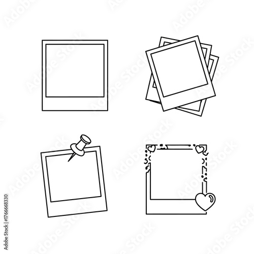 Four different outline designs of instant photo frames, including a stack, one with a pushpin, and one with heart decorations.