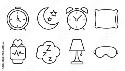 Nighttime icons: clock, moon, star, pillow, heartbeat, sleep, lamp, mask
