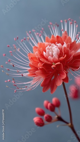 Exotic Red Spider Lily Flower With Delicate White Stamens And Buds Against A Soft Blue Background In Macro Detail