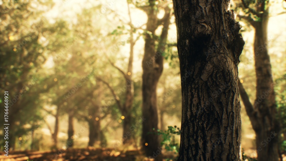 Obraz premium Golden sunlight streams through lush leaves, illuminating the forest floor. Gentle shadows dance among the tall trees, creating a peaceful and inviting atmosphere for nature lovers.