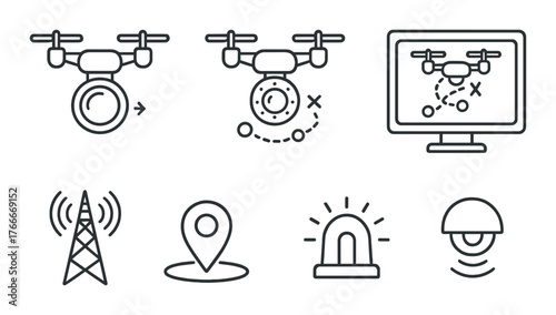 Drone navigation and control icons with radar and surveillance elements
