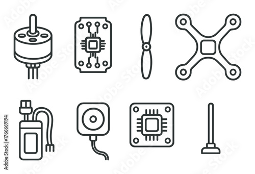 Black and gray icons of drone components and electronics on dark background