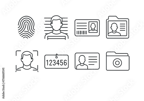Criminal identification icons: fingerprint, mugshot, id card, profile, barcode, folder