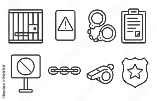 Outline icons of justice and law enforcement symbols on brown background