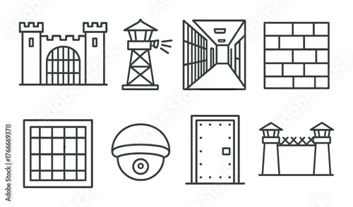 Monochrome prison icons set with watchtower and security camera designs