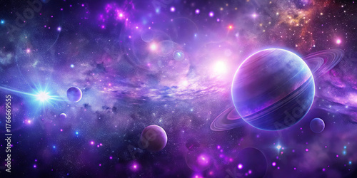 A vibrant cosmic scene features multiple planets with rings and swirling galaxies. Bright stars create a kaleidoscope of colors, showcasing the beauty of the universe