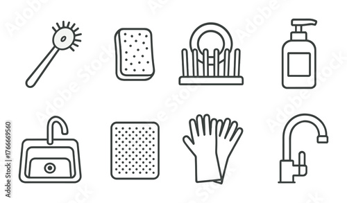 Monochrome kitchen cleaning icons set featuring sink, soap, and brushes