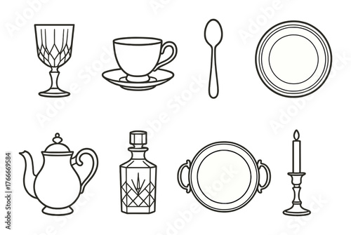 Elegant tableware collection: glassware, crockery, candle holder, and cutlery