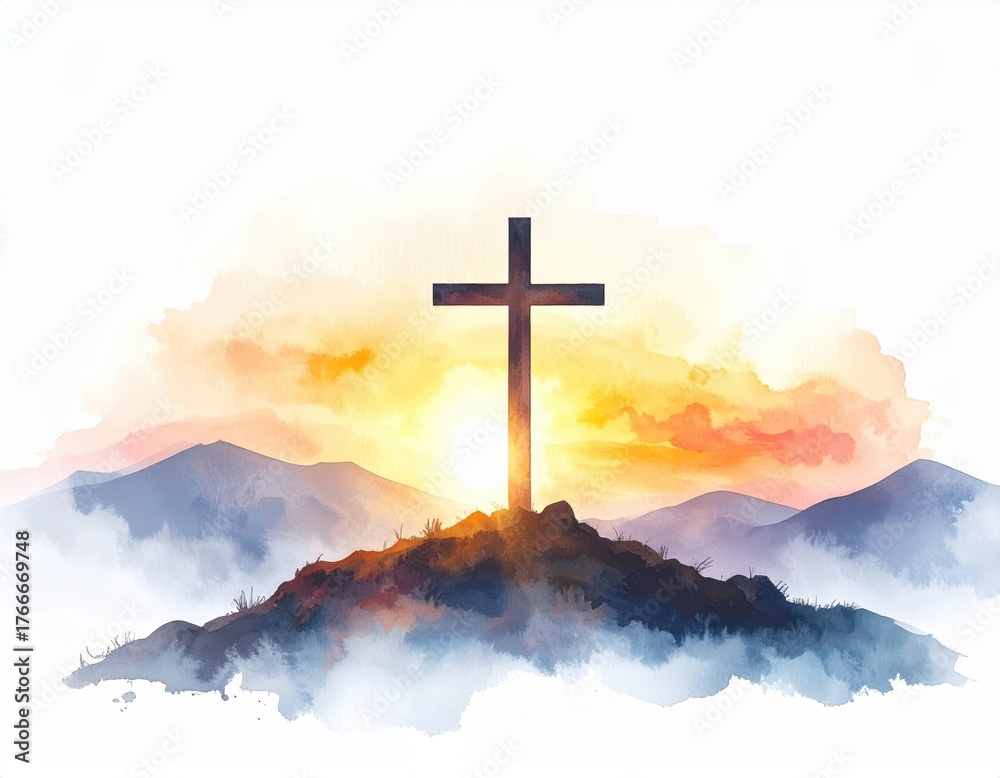 Obraz premium Watercolor painting of a cross on a hill with a sunset and mountains backdrop