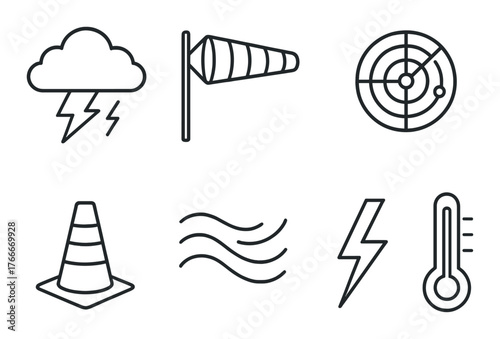 Weather icons: cloud lightning, windsock, radar, traffic cone, wind, lightning, thermometer
