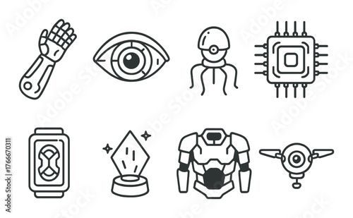 Futuristic technology icons: robotics, ai, augmented reality, and cybernetics