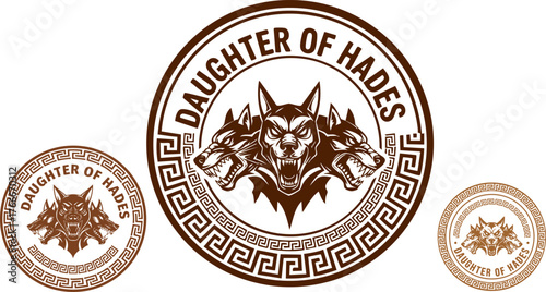 Daughter of hades emblem featuring cerberus in a stylized ancient greek design