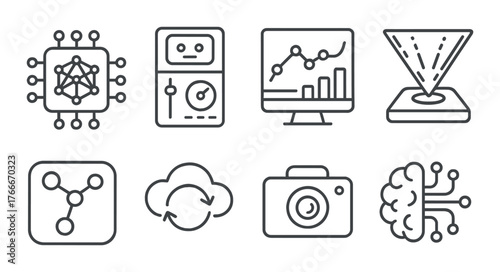 Technology and data icons: ai, graphs, cloud, camera, neural network conceptual imagery