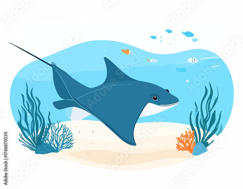 Underwater scene featuring a majestic manta ray swimming gracefully amidst coral reefs and small fish in crystal-clear ocean waters