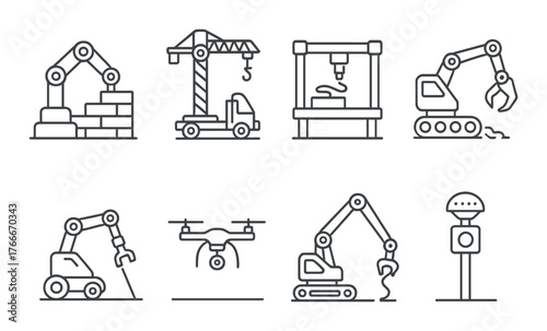 Industrial robotics icons: automation machinery for construction and manufacturing