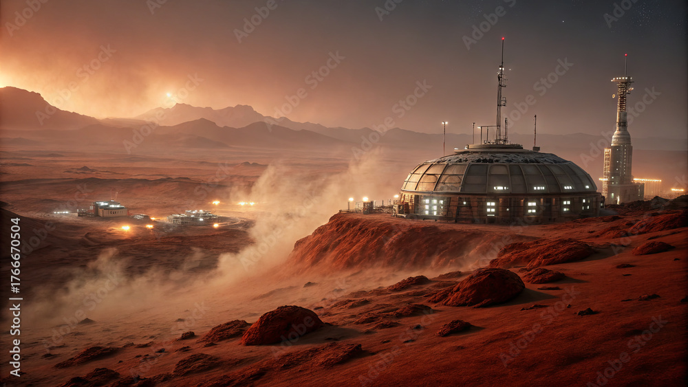 Obraz premium A futuristic colony on Mars sits on rocky terrain, surrounded by dust clouds. Distant mountains glow under a warm sky, with lights of structures shining in the background at dusk