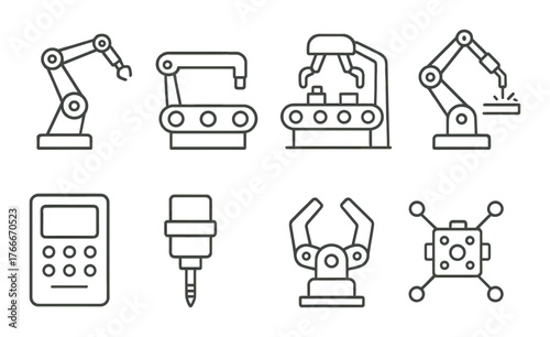 Industrial robotics icons set featuring robot arms and machinery components