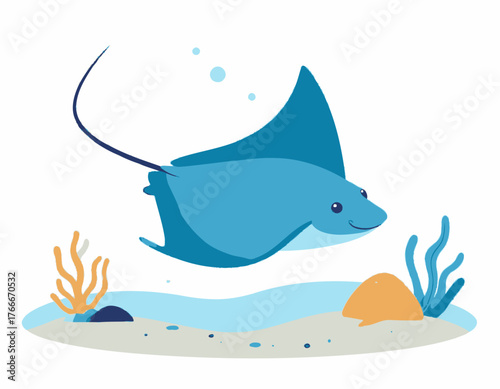 Playful cartoon blue manta ray swimming peacefully in a colorful underwater environment with coral and sandy seabed, a charming illustration of ocean marine life