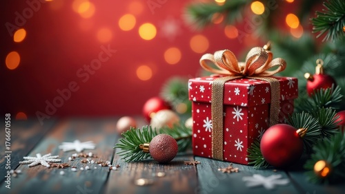 Red christmas gift box with gold ribbon bow on wooden surface, surrounded by pine branches red ornaments snowflakes and warm bokeh lights in festive holiday scene