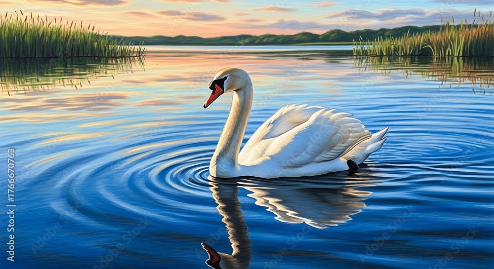 Fototapeta premium Elegant Swan Gliding on Calm Lake at Sunset.