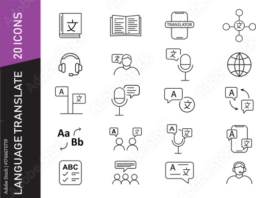 Language Translate Line Icons – 20 Minimal Vector Symbols for Global Communication, Translation App, and Linguistic Interface Design