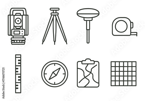 Surveying equipment icons: theodolite, tripod, gps receiver, tape measure, ruler, compass, clipboard, grid