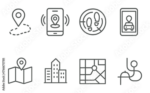 Monochrome gps navigation icons with location, map, and smartphone elements