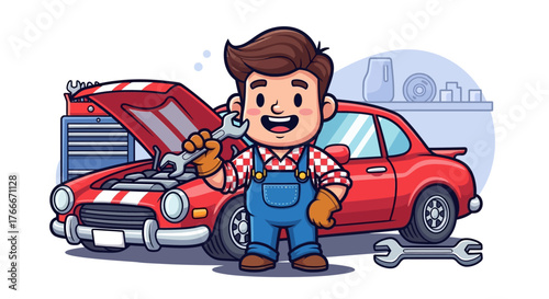 Happy cartoon mechanic holding a wrench in front of a red car with the hood open, ready for repair. Perfect for automotive services, workshops, or car repair-related content.