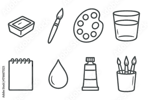Sketchy art supplies: paint set, brushes, palette, water glass, sketchpad, droplet, tube