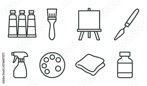 Art supplies icons: paint tubes, brushes, easel, palette, spray bottle, knife, cloth, jar