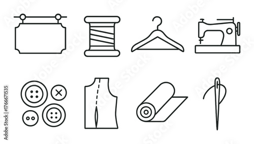 Sewing essentials: thread, buttons, fabric, and patterns with icons