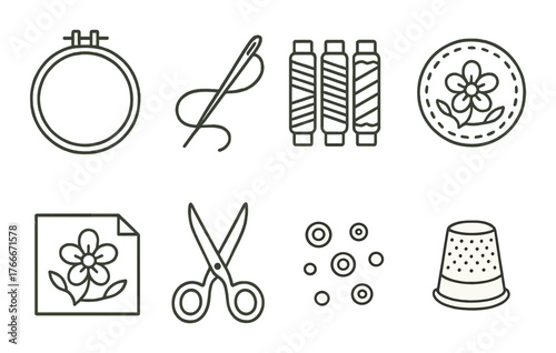 Sewing tools icons: needle, thread, embroidery, scissors, thimble