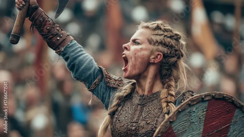 Fierce Warrior Woman Rallying Her Troops in Battle
